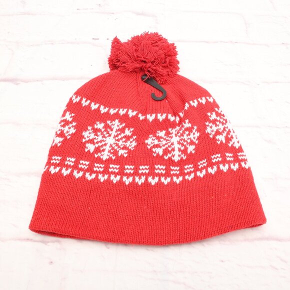 Chapeau Snowflake Winter Ski Beanie Hat Red White Fleece Lined W/Top Pom - Picture 9 of 9